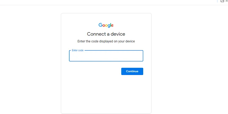 Entering the code at youtube.com/activate
