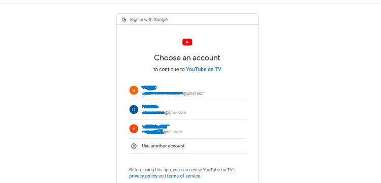 Choosing a Google account to sign in to SmartTube