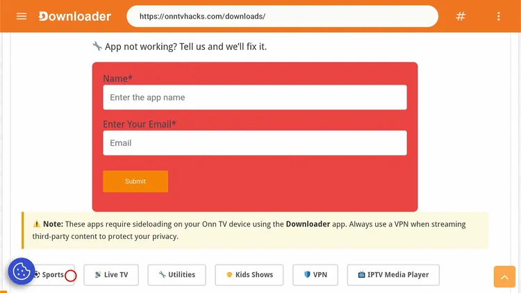 Selecting the Sports Apps category in Downloader