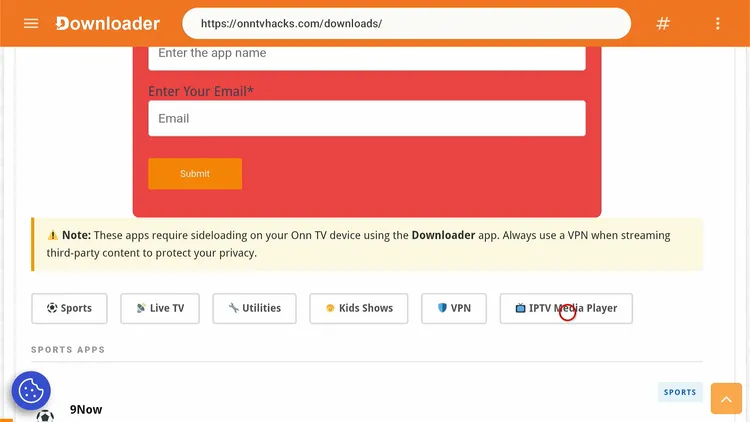 Selecting the IPTV Media Players category in Downloader