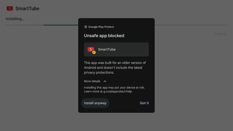 Tapping Install Anyway on the unsafe app prompt