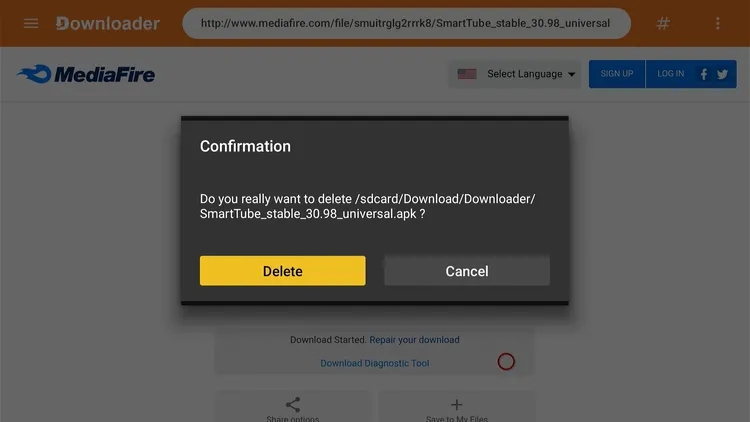 Confirming deletion of the SmartTube APK file