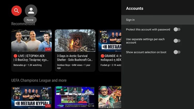 Tapping the Sign In icon in SmartTube