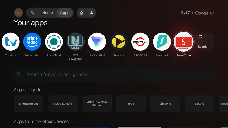 Opening SmartTube from the Onn TV home screen